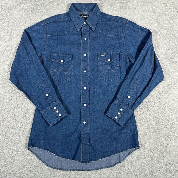 Vtg Wrangler Shirt Mens 15.5-33 Denim‎ Jean Pearl Snap X-Long Tails Regular Fit - Picture 1 of 6